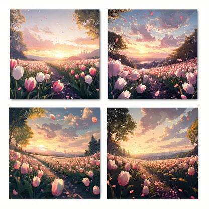4pcs Sunrise Pink Tulips & Cloud Petals Wall Art Canvas Framed