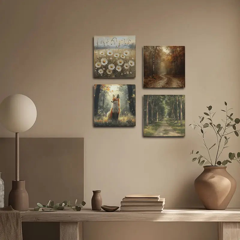 4pcs Fox With White Flowers, Forest Wall Art Canvas Framed