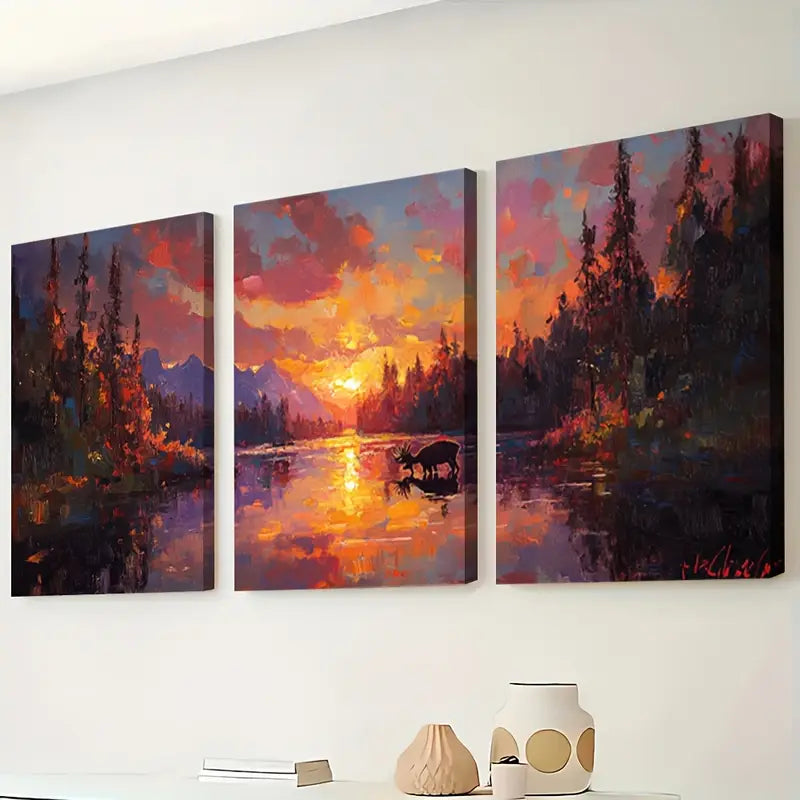 3pcs Canadian Wilderness Sunset Lake Scene Wall Art Set Canvas Framed 60x90cm - High Quality Print 100% Australian Made Wall Canvas Ready to Hang