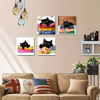4pcs Funny Cat In Bath & On Toilet Wall Art Canvas Framed
