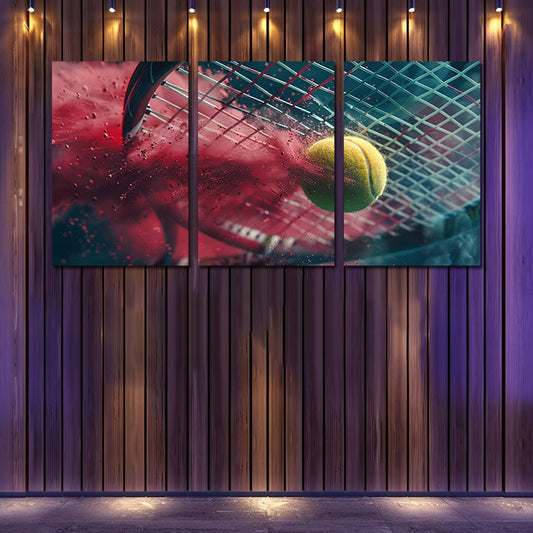 3pcs yellow tennis ball impacting a racket Wall Art Set Canvas Framed 50x70cm - High Quality Print 100% Australian Made Wall Canvas Ready to Hang