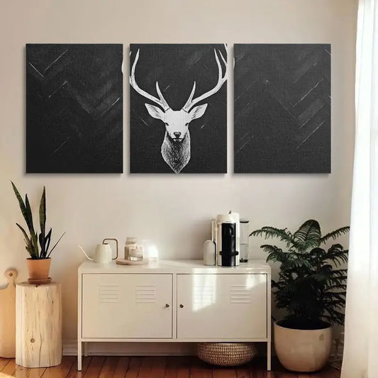 3pcs White Deer Antlers Silhouette on Herringbone Pattern Metal Print Ready to Hang Art