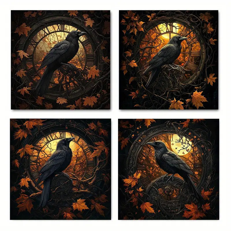 4pcs Abstract Raven & Autumn Leaves Wall Art Canvas Framed