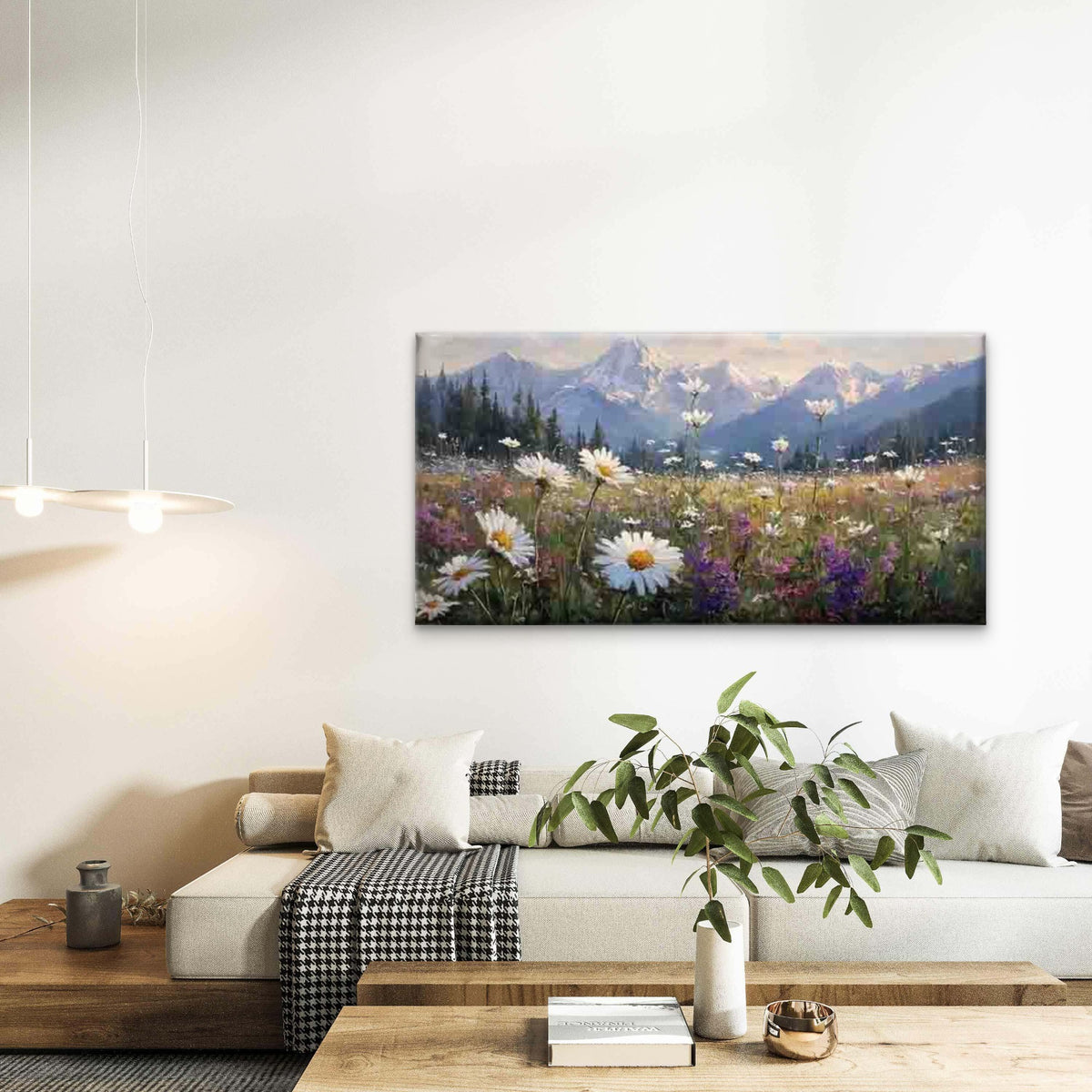 Daisies Against a Mountain Back Wall Art Canvas Office Home Room Framed 120x60cm