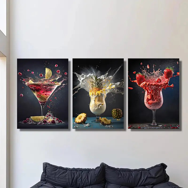 3pcs Abstract Lemon, Pineapple & Strawberry Splash Metal Print Ready to Hang Art