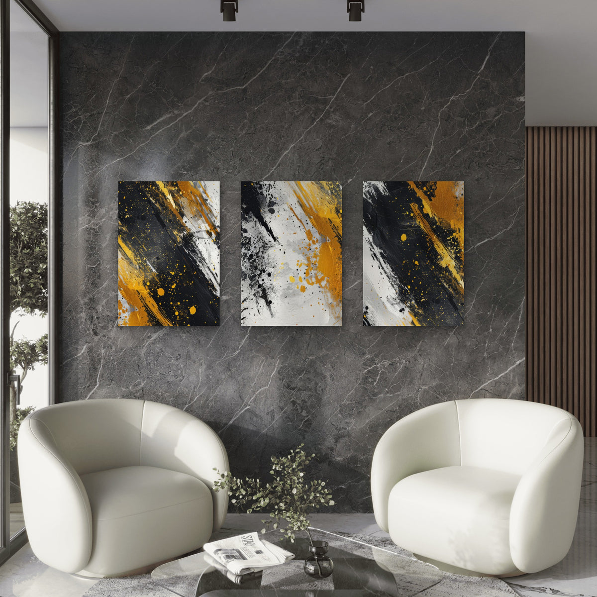 3pcs Modern Luxury Black Gold Splash Abstract Wall Art Set Canvas Framed 50x70cm - High Quality Print 100% Australian Made Wall Canvas Ready to Hang
