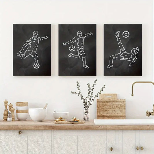 3pcs Minimalist Black & White Football Posters Metal Print Ready to Hang Art
