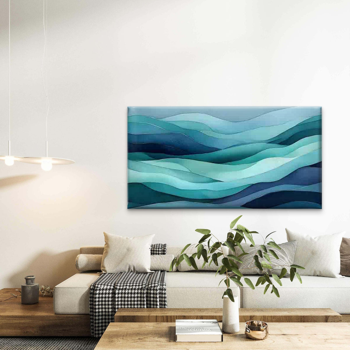 Teal Gradient Wave Pattern Wall Art Canvas Office Home Room Framed 120x60cm