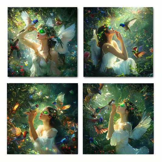 4pcs  Fairy Garden Decor Wall Art Canvas Framed