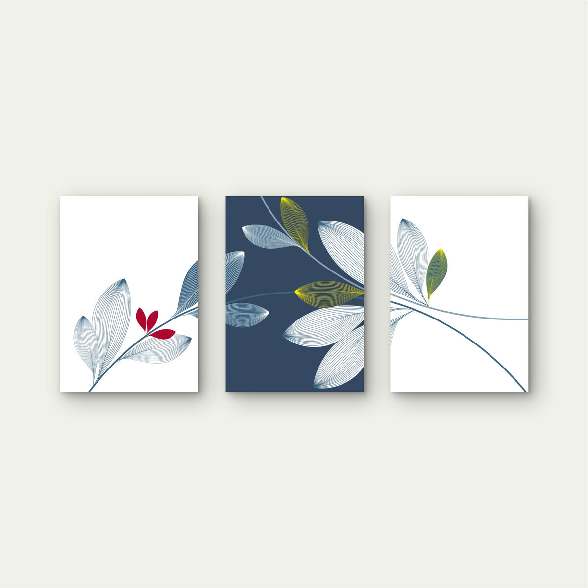 3pcs Navy Blue Gold Leaf Floral Line Art Metal Print Ready to Hang Art