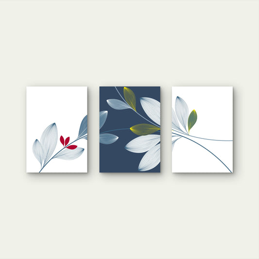 3pcs Navy Blue Gold Leaf Floral Line Art Metal Print Ready to Hang Art