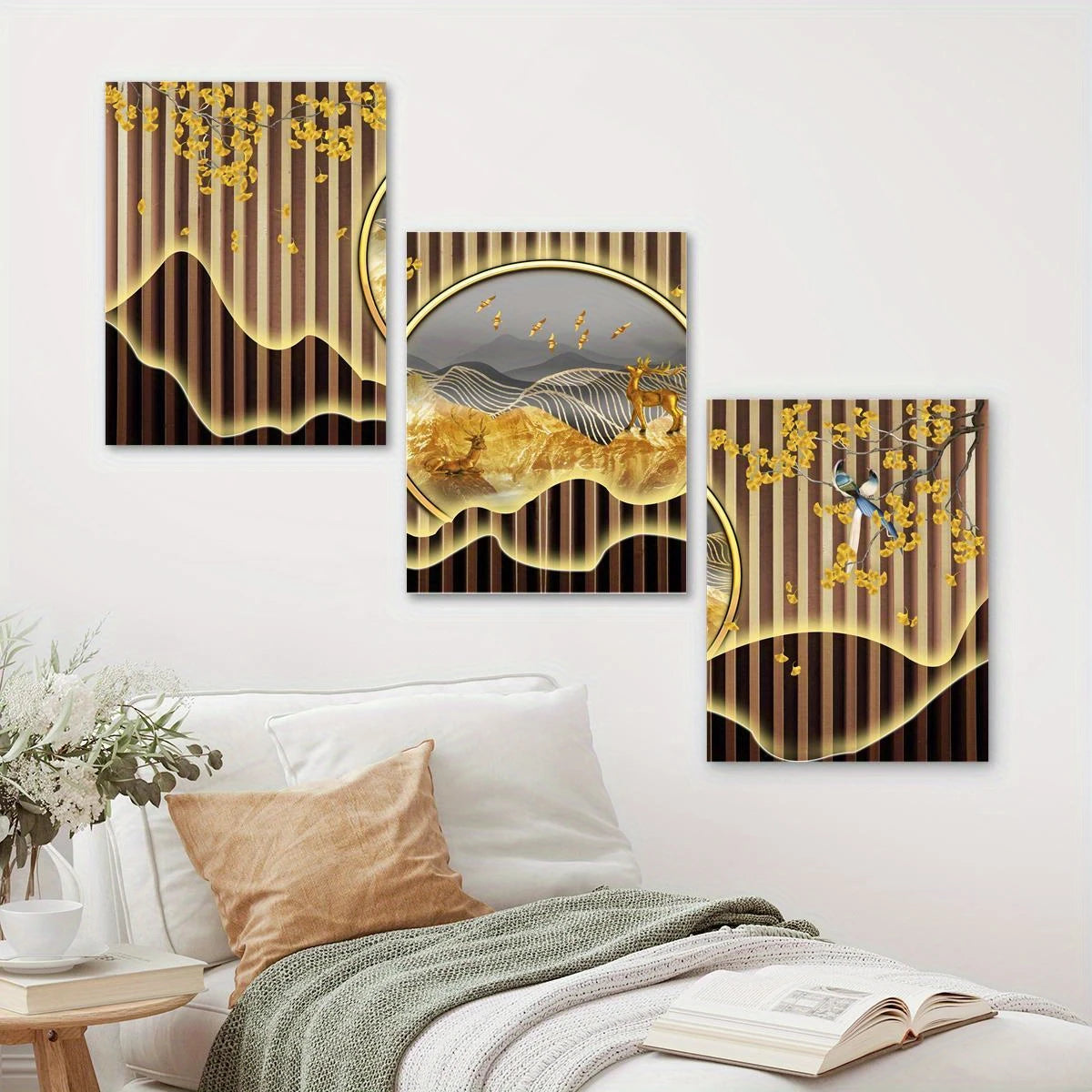 3pcs Rich Deer, Golden Leaves & Birds Mountain Metal Print Ready to Hang Art