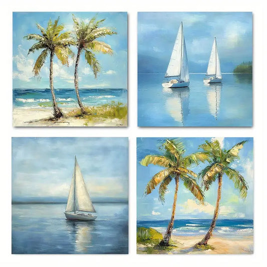4pcs Seaside Palm Tree Vacation Sailboat Seascap Wall Art Canvas Framed