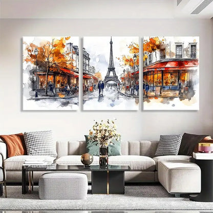 3pcs Elegant Painting of Eiffel Tower & Charming Parisian Streets Metal Print Ready to Hang Art