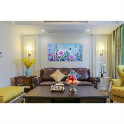 Flower Butterfly Blue Purple Pink Floral Wall Art canvas office home room framed 120x60cm