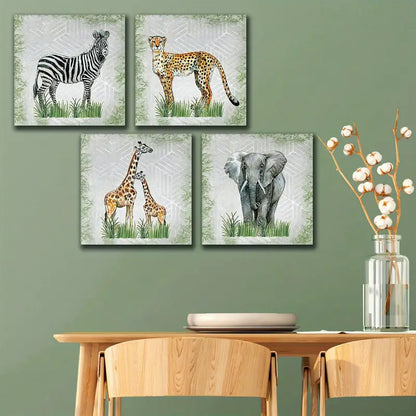 4pcs Retro Elephant With Zebra Green Plants Wall Art Canvas Framed