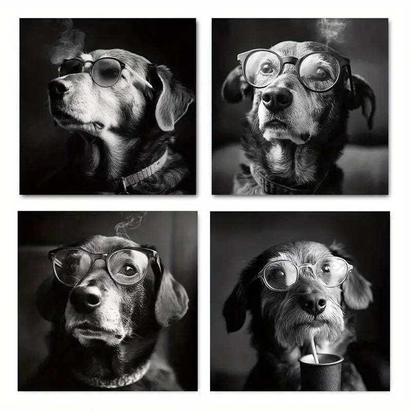 4pcs Vintage Dog Smoking Funny Wall Art Canvas Framed