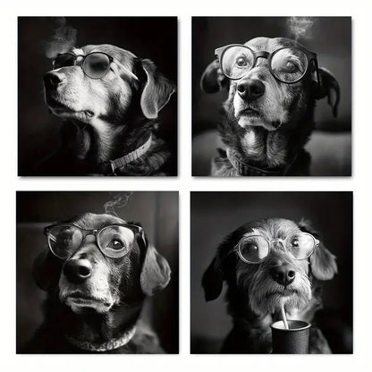 4pcs Vintage Dog Smoking Funny Wall Art Canvas Framed
