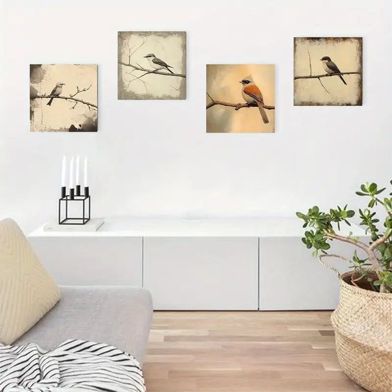 4pcs Bird On Branch Prints  Wall Art Canvas Framed