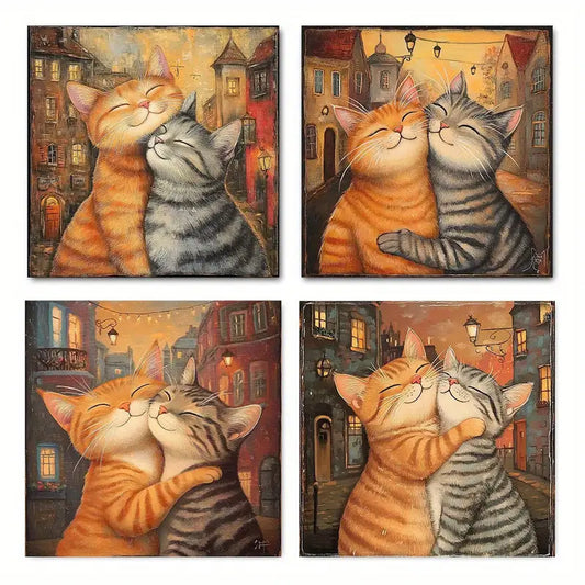 4pcs Charming Retro Cat Canvas Art Prints VF    Wall Art Canvas Framed