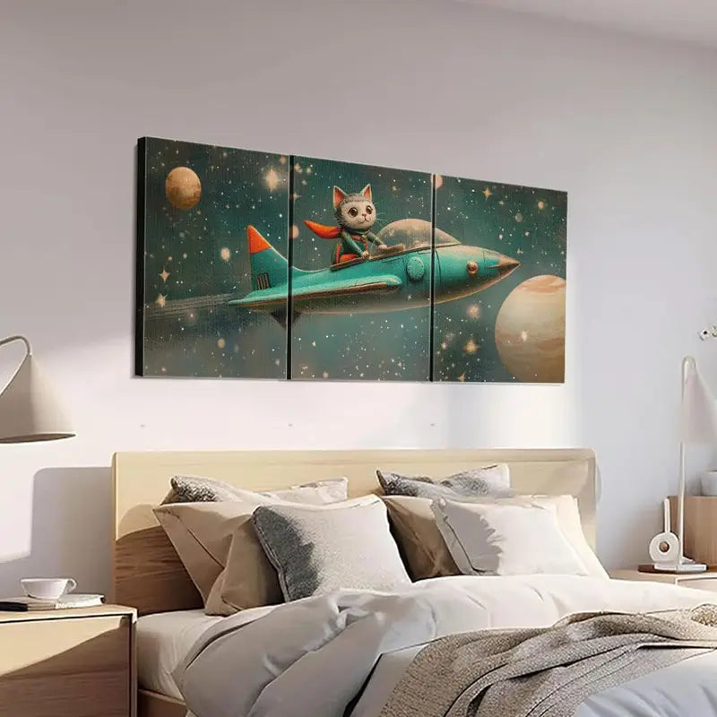 3pcs Whimsical Anthropomorphic Cat in Spaceship Metal Print Ready to Hang Art