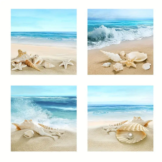 4pcs Sands Seashell Starfish Nature Pictures Wall Art Canvas Framed