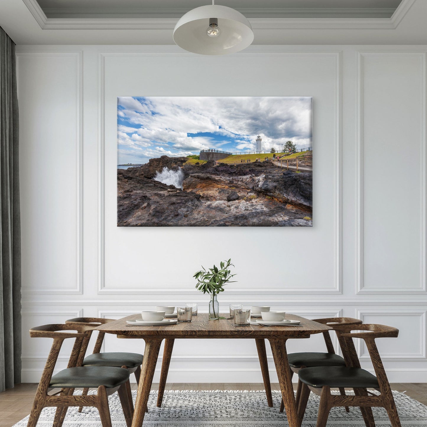 Kiama Lighthouse with water spraying out of the blowhole, Sydney, New South Wales (NSW), Australia Canvas Print Wall Art Decor 100% Australian Made