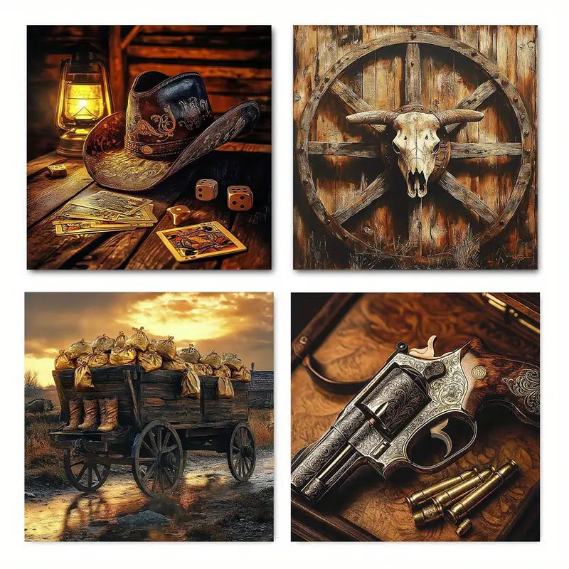 4pcs Old Farmhouse Cowbo Picture Wall Art Canvas Framed