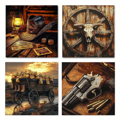 4pcs Old Farmhouse Cowbo Picture Wall Art Canvas Framed