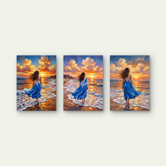 3pcs Woman in Blue Dress Walking on Beach Sunset Ocean Waves Wall Art Set Canvas Framed 60x90cm- High Quality Print 100% Australian Made Wall Canvas Ready to Hang