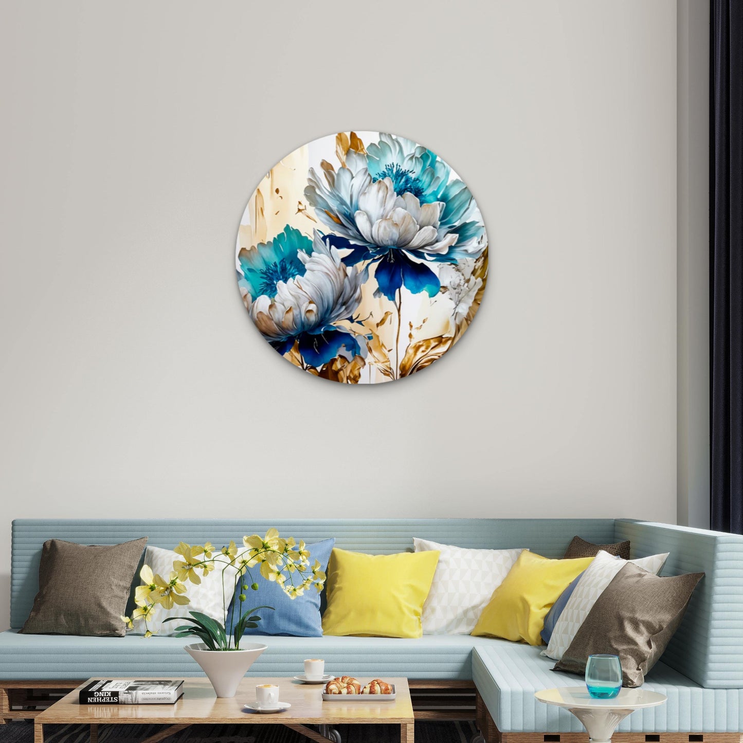 Botanical Flowers Gold Blue Design Acrylic Glass Rounded Print Tempered Glass Wall Art 100% Made in Australia Ready to Hang