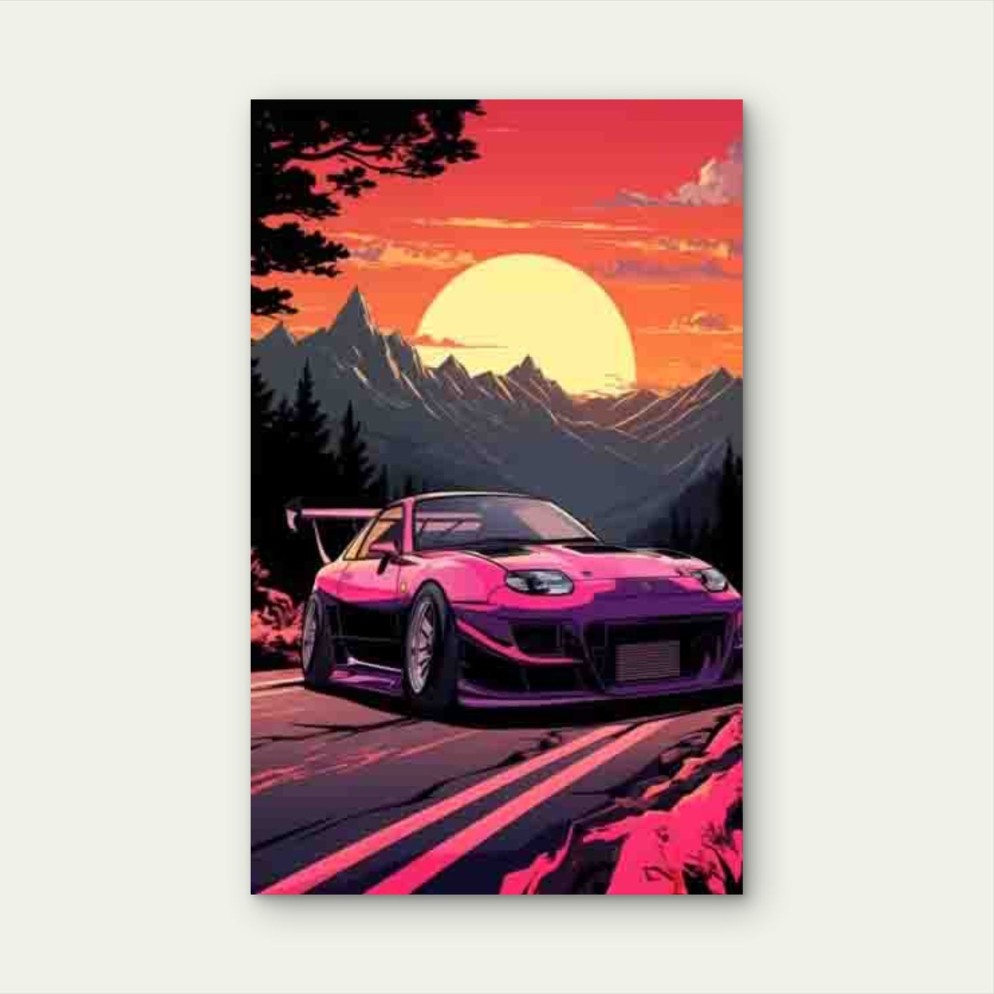 Sports Car Sunset Mountain Scenery 60x90cm Metal Print Ready to Hang