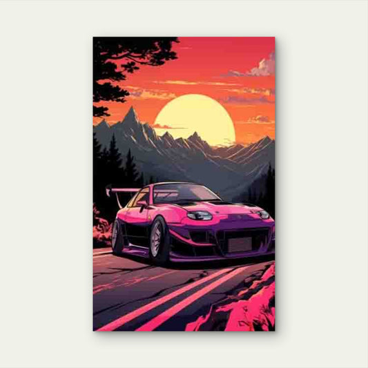 Sports Car Sunset Mountain Scenery Metal Print Ready to Hang