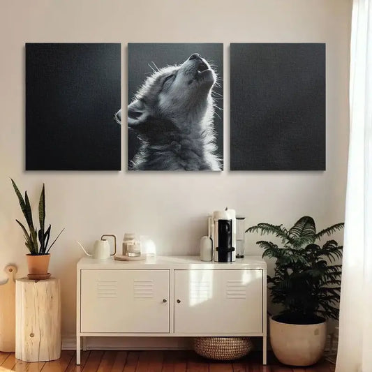 3pcs Wolf Pup Howling Monochrome Animal Metal Print Ready to Hang Art
