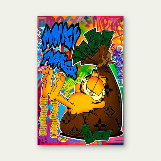 Cartoon Cat Money Bag Rainbow Graffiti 60x90cm Metal Print Ready to Hang