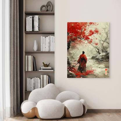 Samurai Artwork Featuring Red Blossoms 60x90cm Metal Print Ready to Hang
