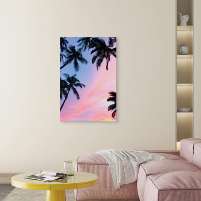 Coconut Palm Trees Silhouetted Against A Vibrant Pink And Blue Sunset Sky 60x90cm Metal Print Ready to Hang