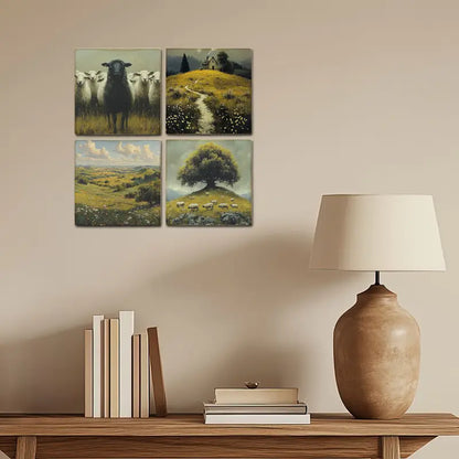 4pcs Green Meadow With Sheeps  Wall Art Canvas Framed