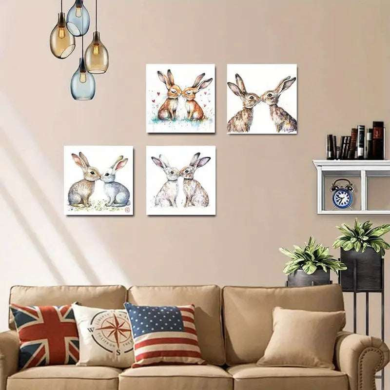 4pcs  Kssing hares picture Art Deco Classic Wall Art Canvas Framed