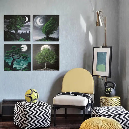 4pcs  Green Tree Full Moon Artwork GT    Wall Art Canvas Framed
