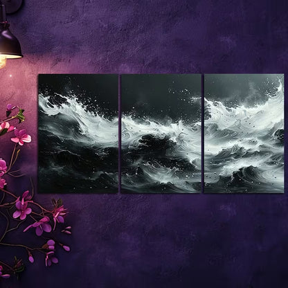 3pcs The Black Sea at Night Wall Art Set Canvas Framed 50x70cm - High Quality Print 100% Australian Made Wall Canvas Ready to Hang