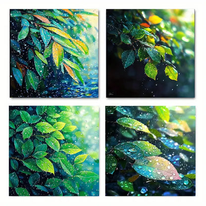 4pcs Green Leaves In Rain Forest Design Wall Art Canvas Framed
