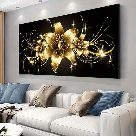 Black & Golden Floral Lily Wall Art wall canvas office home room framed 120x60cm - Bella Home Decor