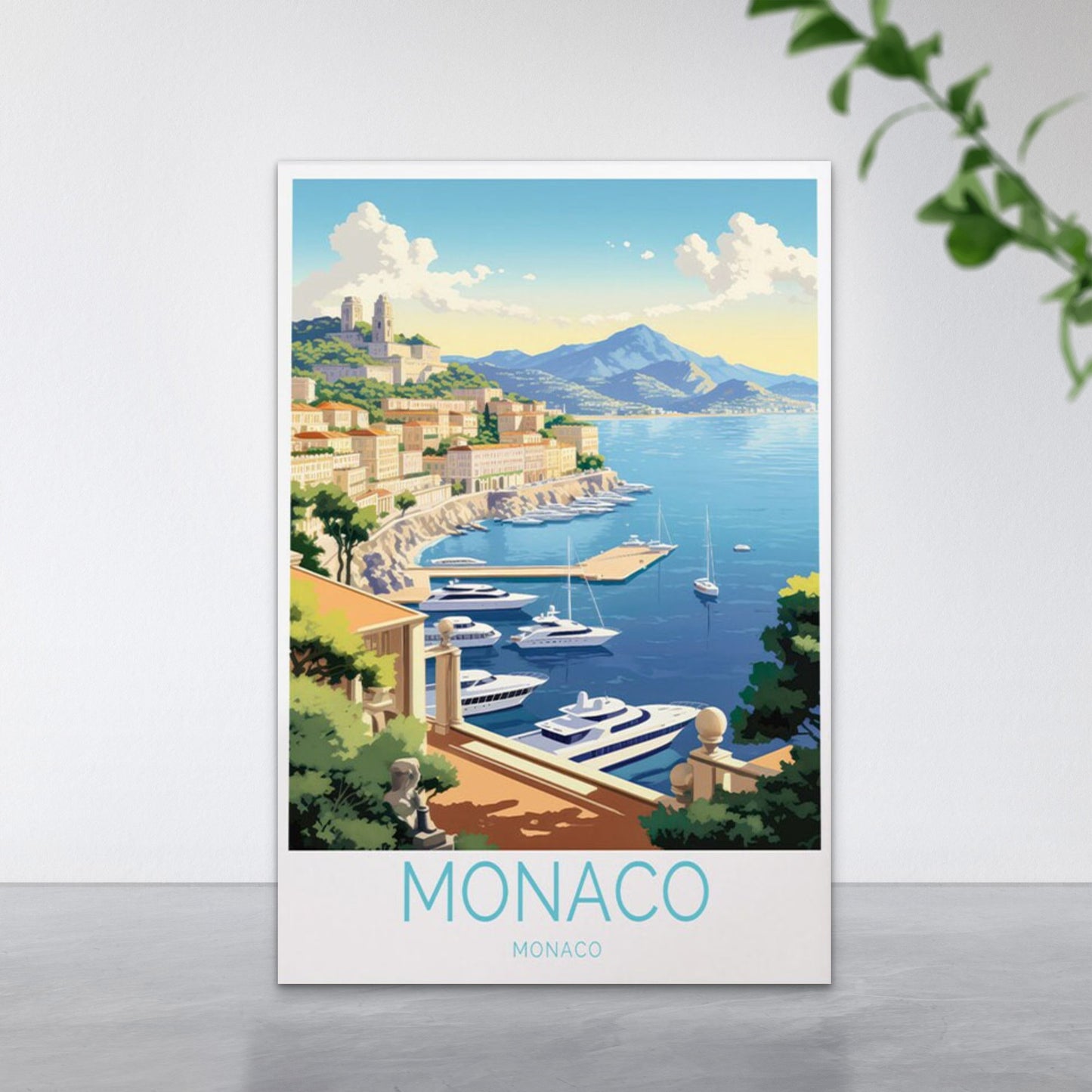 Monaco Country in Europe, Yacht in Sea Travel Poster Print Wall Art