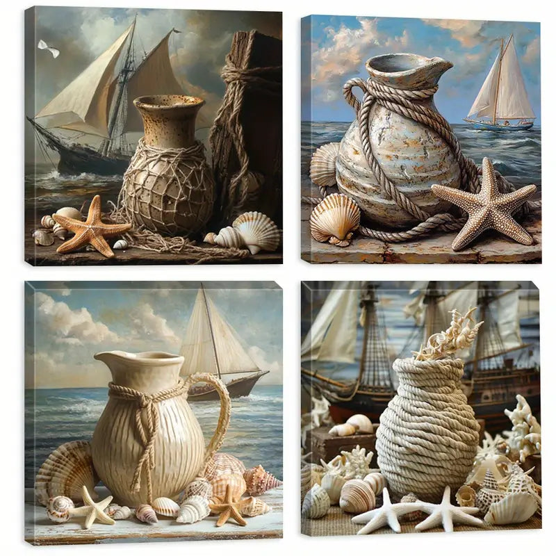 4pcs Starfish Art Prints, Seashell Canvas Print, Pottery Jar Wall Art Canvas Framed