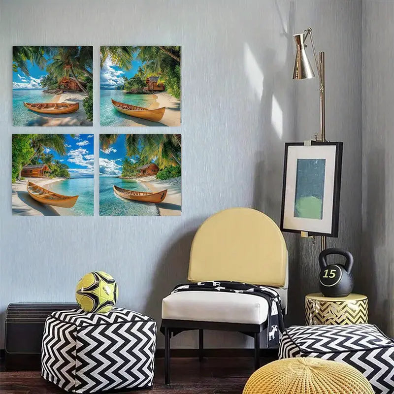 4pcs Tropical Beach Scene with Boat j h     Wall Art Canvas Framed