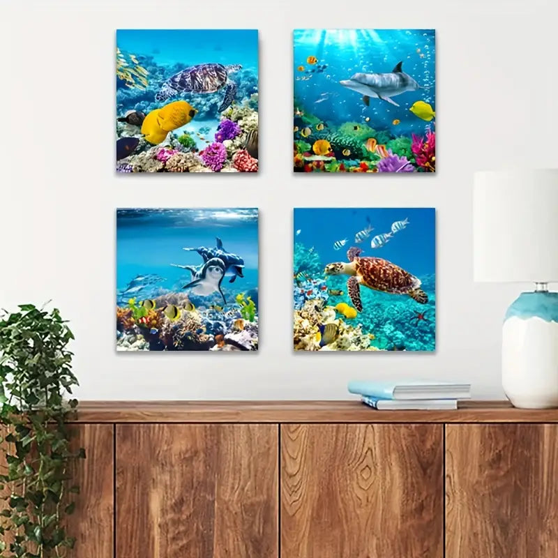 4pcsFeaturing Turtles, Dolphins, And a Blue Oce Wall Art Canvas Framed