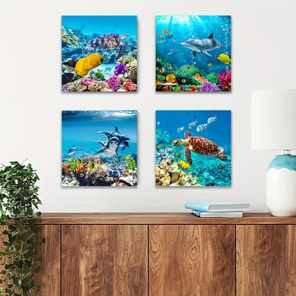 4pcsFeaturing Turtles, Dolphins, And a Blue Oce Wall Art Canvas Framed