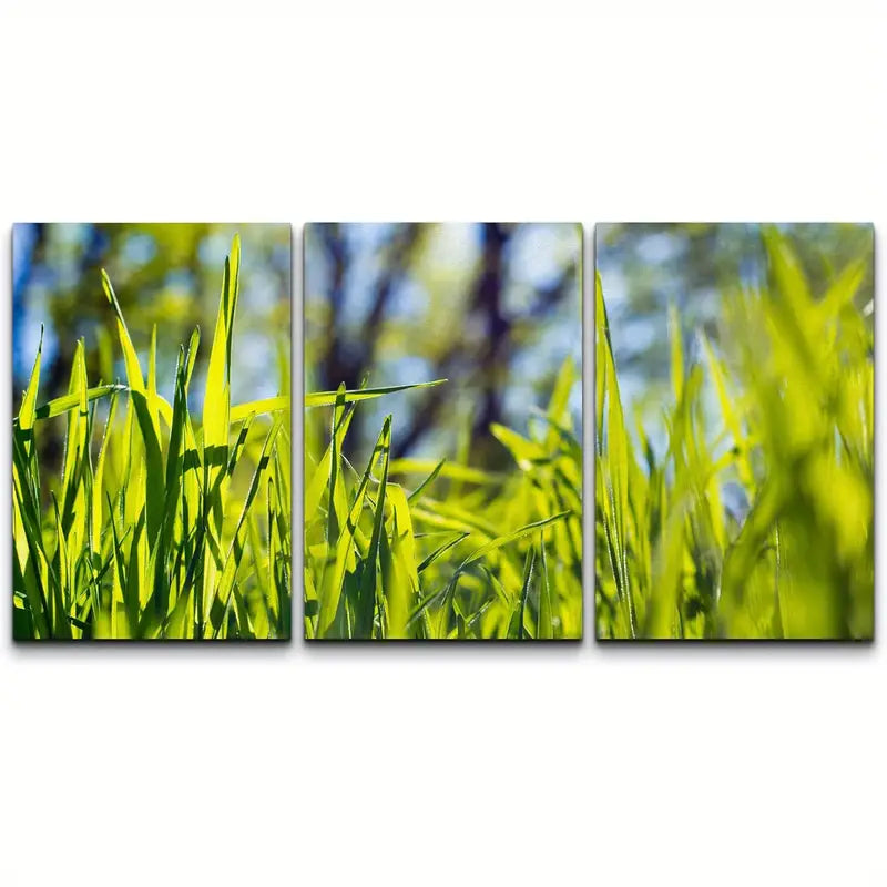 3pcs Vibrant Green & Blue Spring Grass Metal Print Ready to Hang Art