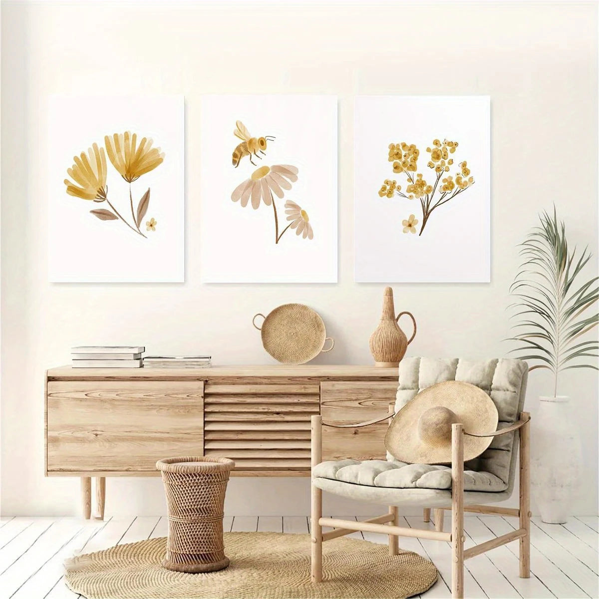 3pcs Watercolor Boho Floral Bee Golden Flowers Metal Print Ready to Hang Art